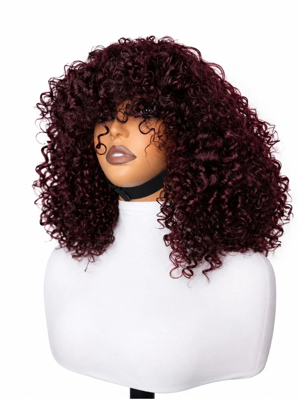 Voluminous Burgundy Curly Wig with Full Fringe - Women's Synthetic Hair